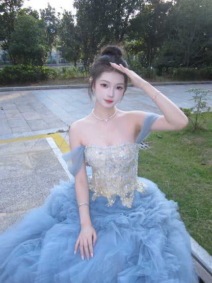 Blue Tears Ruffled Tulle Gown with Embellished Bodice