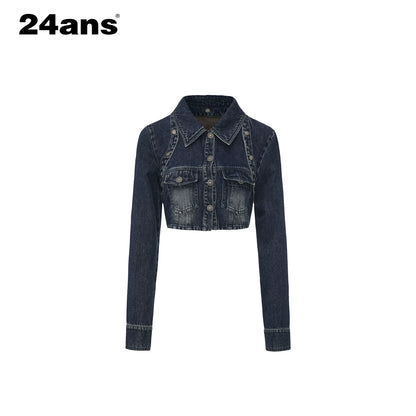 Y2K Washed Denim Cropped Set with Embroidered Patch Detail