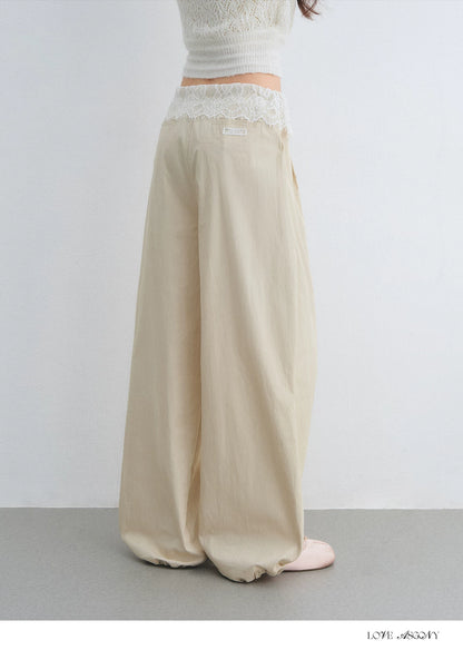 Lace Panel Drawstring Waist Wide-Leg Casual Pants