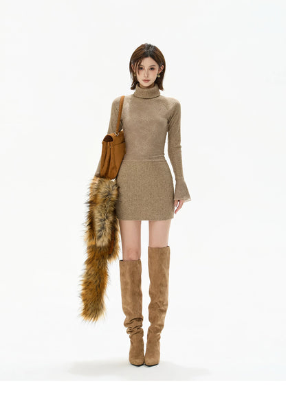 Lace High-Neck Knit Mini Dress