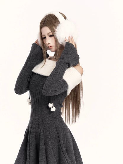 Off-Shoulder Knit Waist-Cinching Dress