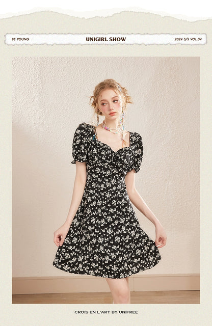 Black Floral Puff Sleeve Dress