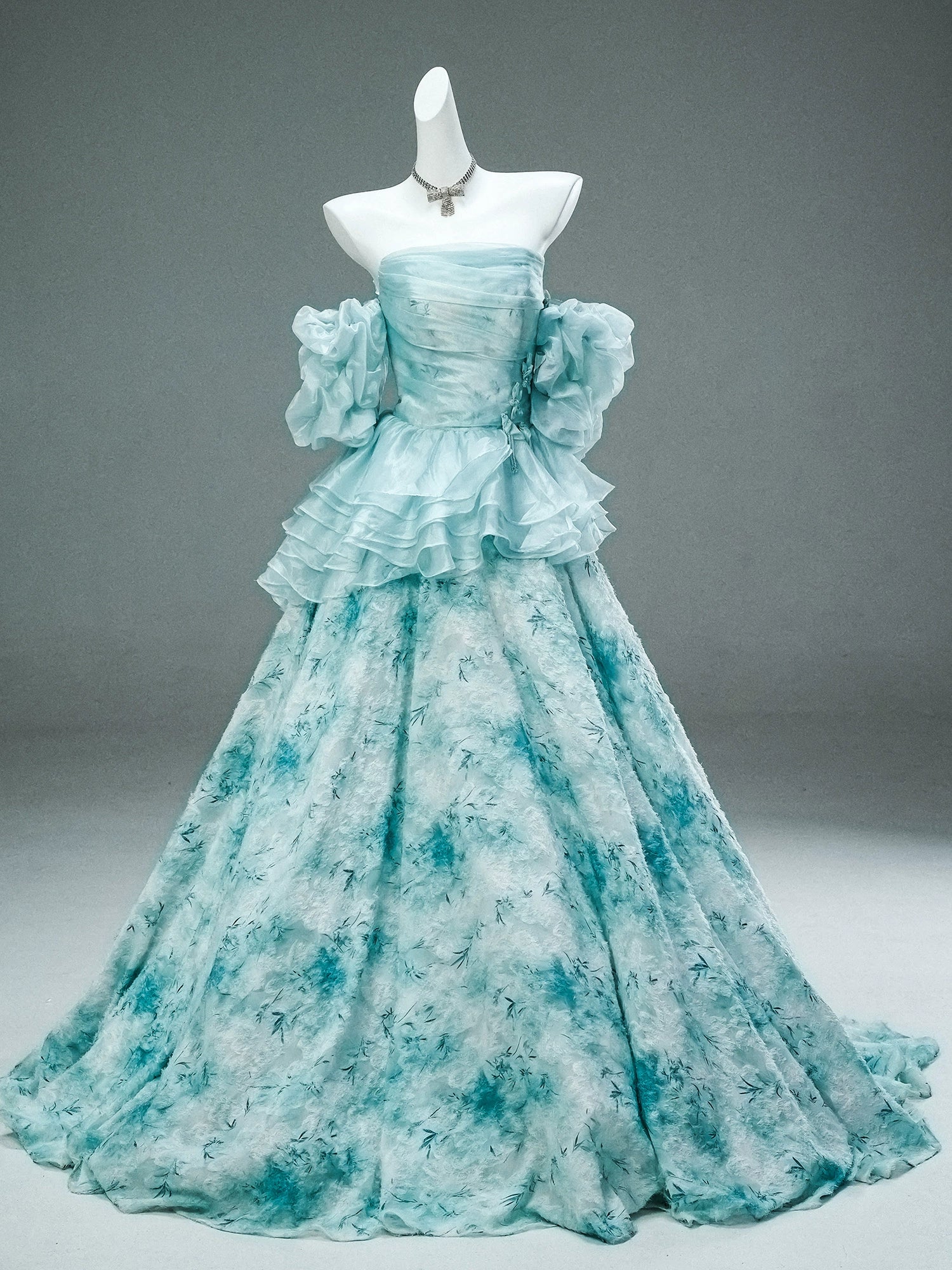 GULI Aqua Floral Tulle Gown with Ruffled Sleeves