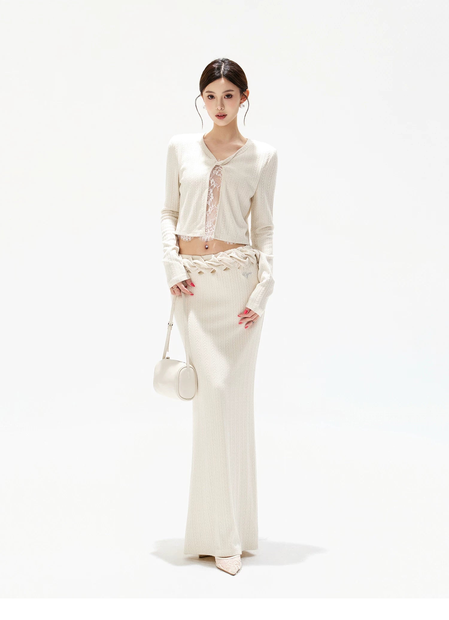 Apricot Lace Panel Knit Two-Piece Set