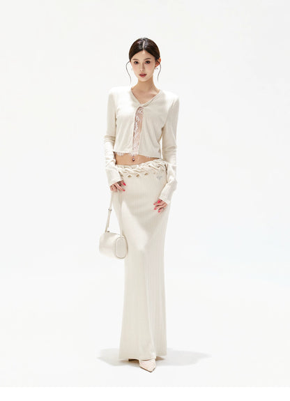 Apricot Lace Panel Knit Two-Piece Set