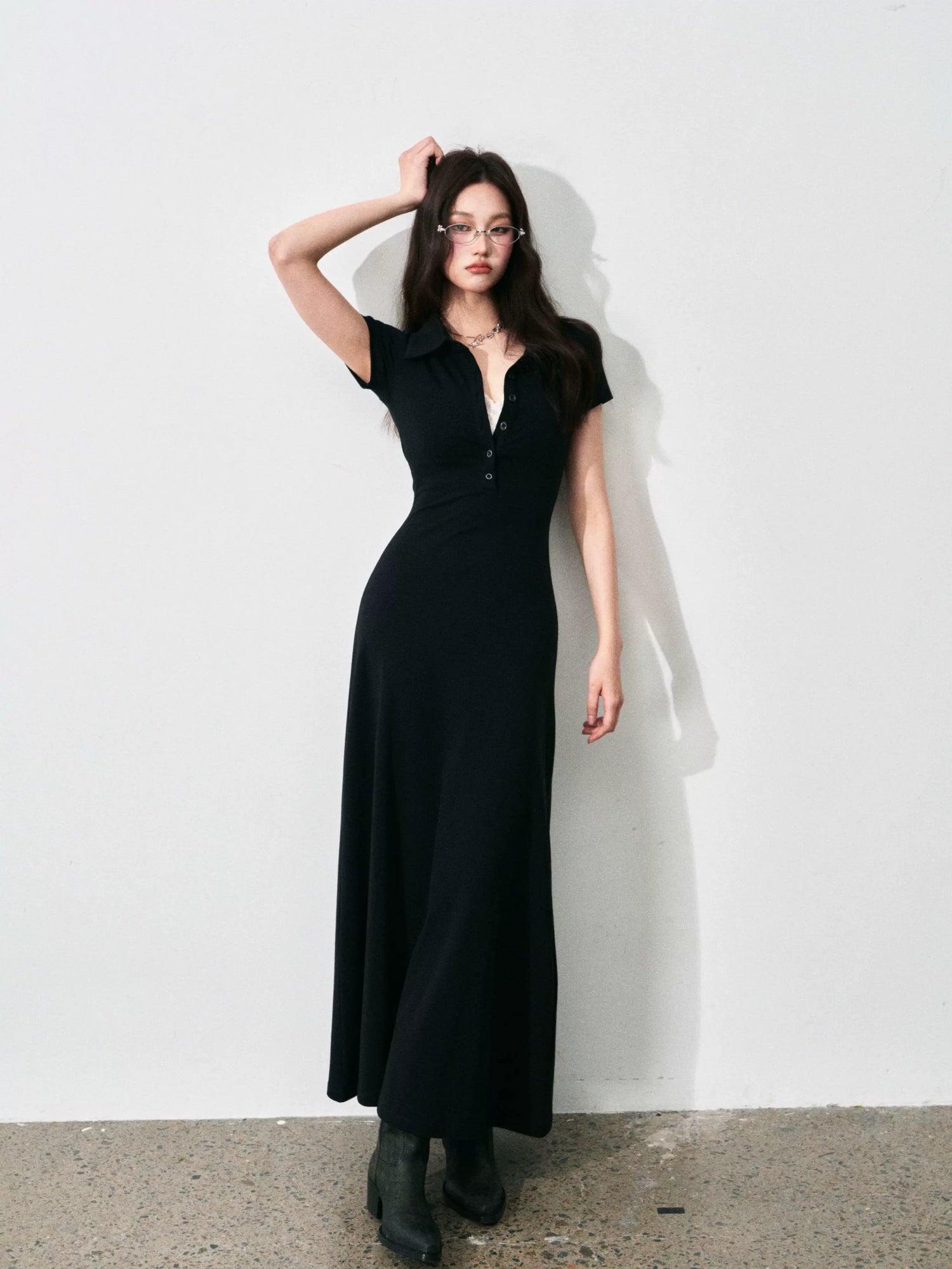 Half-Placket Polo Collar Knit Maxi Dress