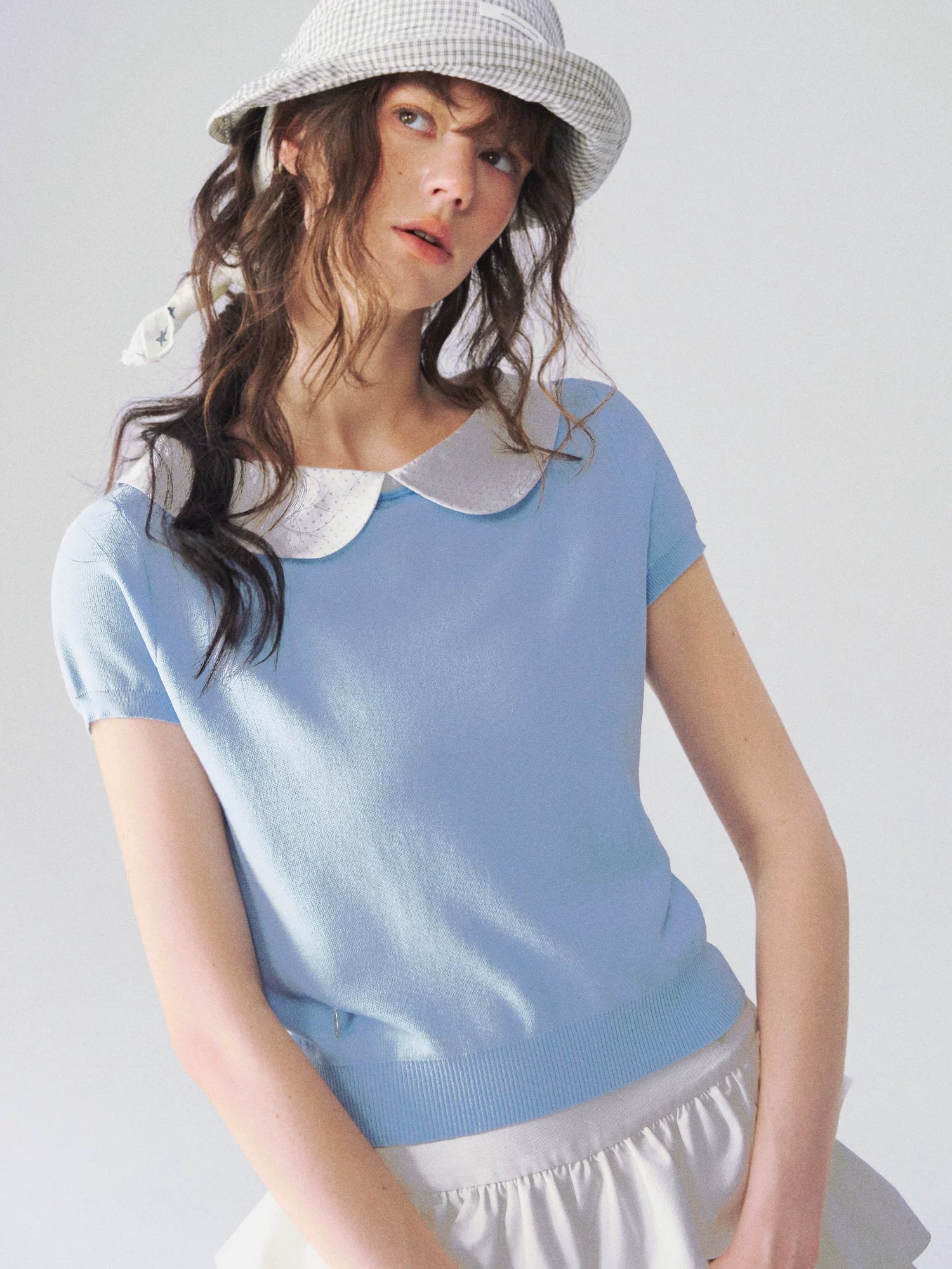 Peter Pan Collar Contrast Knit Short Sleeve Top