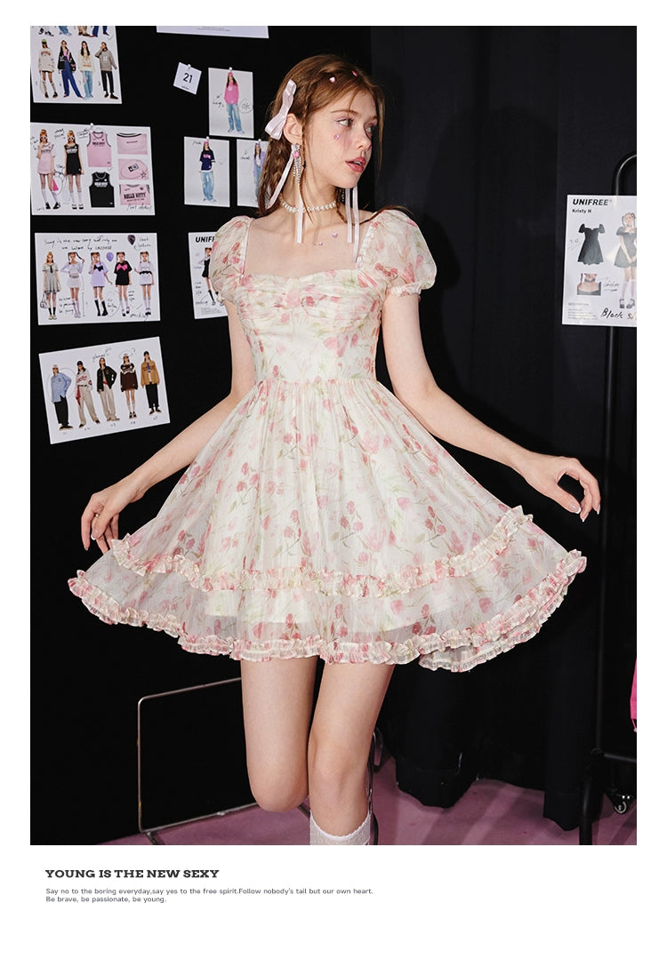 Pink Floral Puff Sleeve Dress