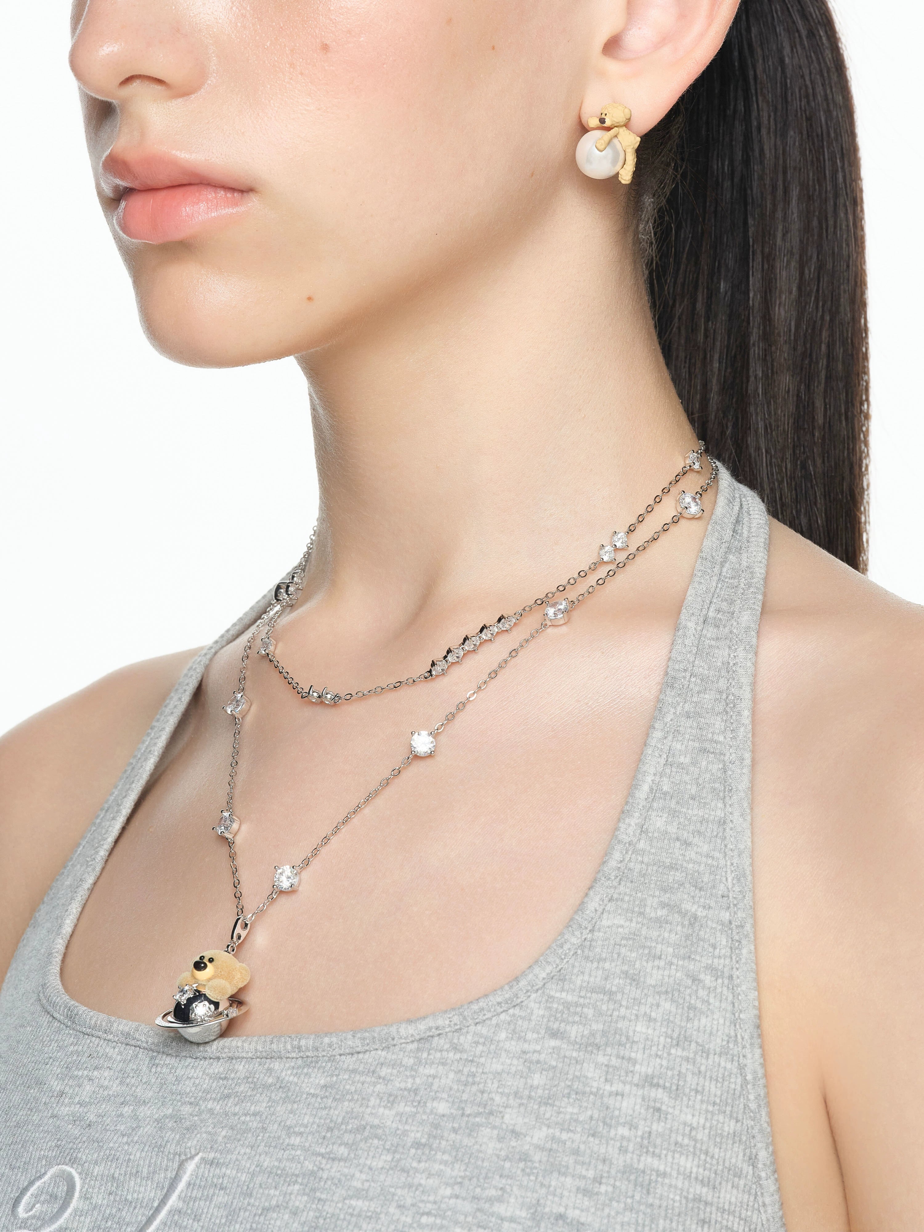 Flocked Bear Double Layer Necklace