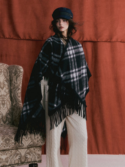 Vintage Plaid Tassel Cape Scarf