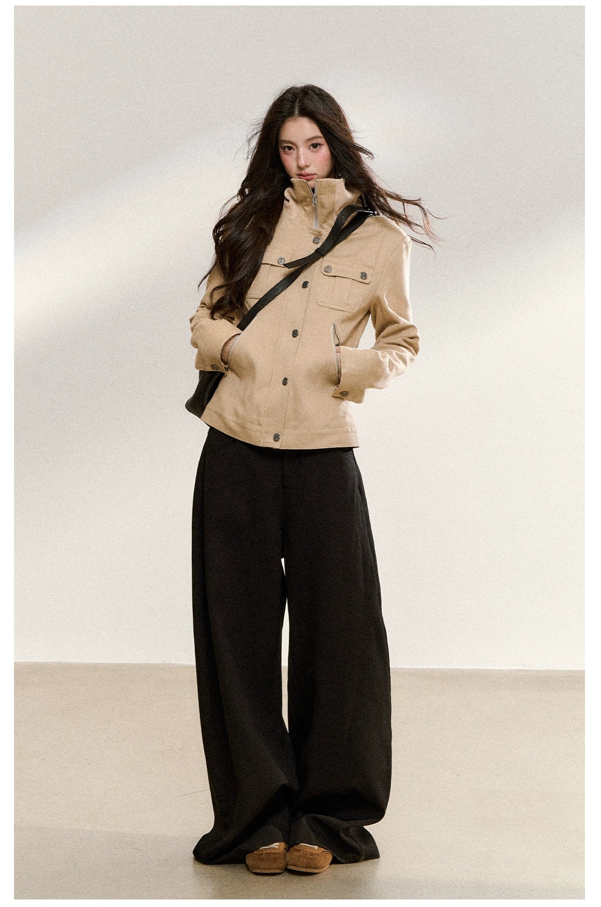 Vintage Suede Stand-Collar Fitted Jacket