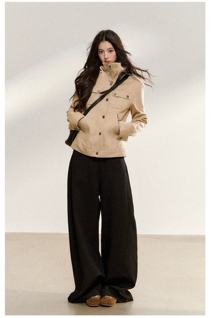 Vintage Suede Stand-Collar Fitted Jacket