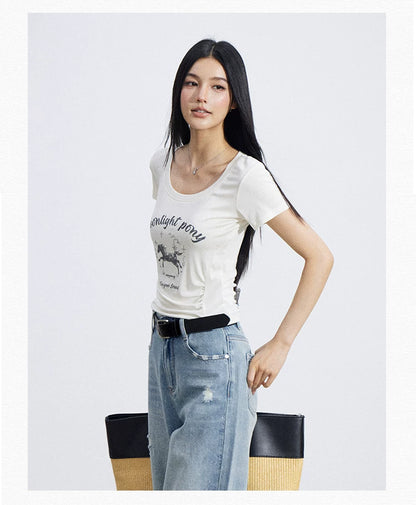 Ice-Silk Lyocell Pony Graphic Fitted T-Shirt