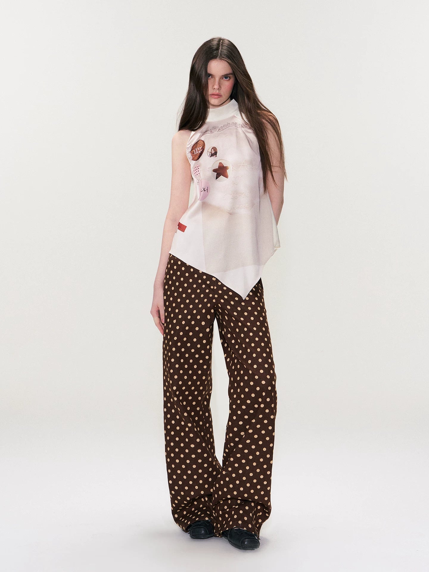 Vintage Polka Dot Straight-Leg Denim Trousers