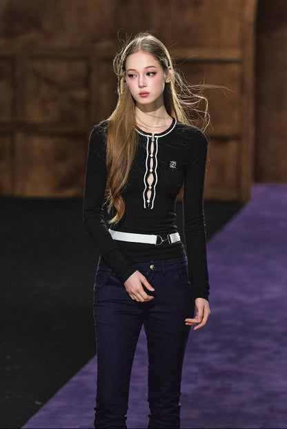 Contrast Trim Knit Belt Detail Fitted Crewneck