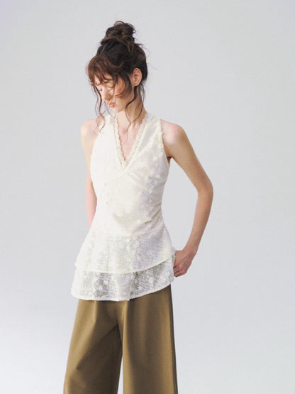 Jacquard Lace Halterneck V-Neck Tank Top