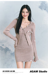 Sequined Sparkle  Cardigan & Cinched Waist Cami Dress Set - CHINASQUAD