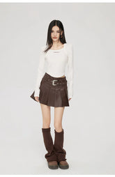 (Final Sale) High-Waisted Pleated Leather Skirt - CHINASQUAD