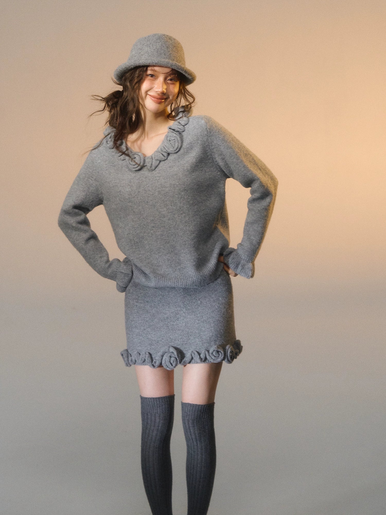 3D Rose V-Neck Knit Sweater &amp; A-Line Knit Skirt Set