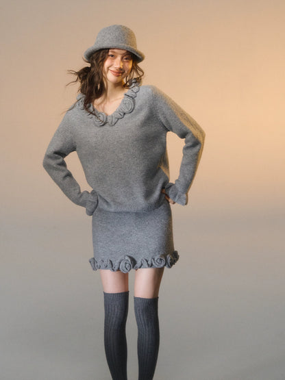 3D Rose V-Neck Knit Sweater &amp; A-Line Knit Skirt Set
