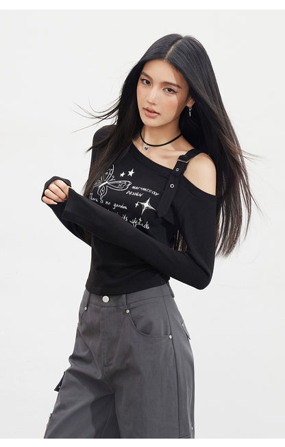 Butterfly Cold-Shoulder Long-Sleeve T-shirt