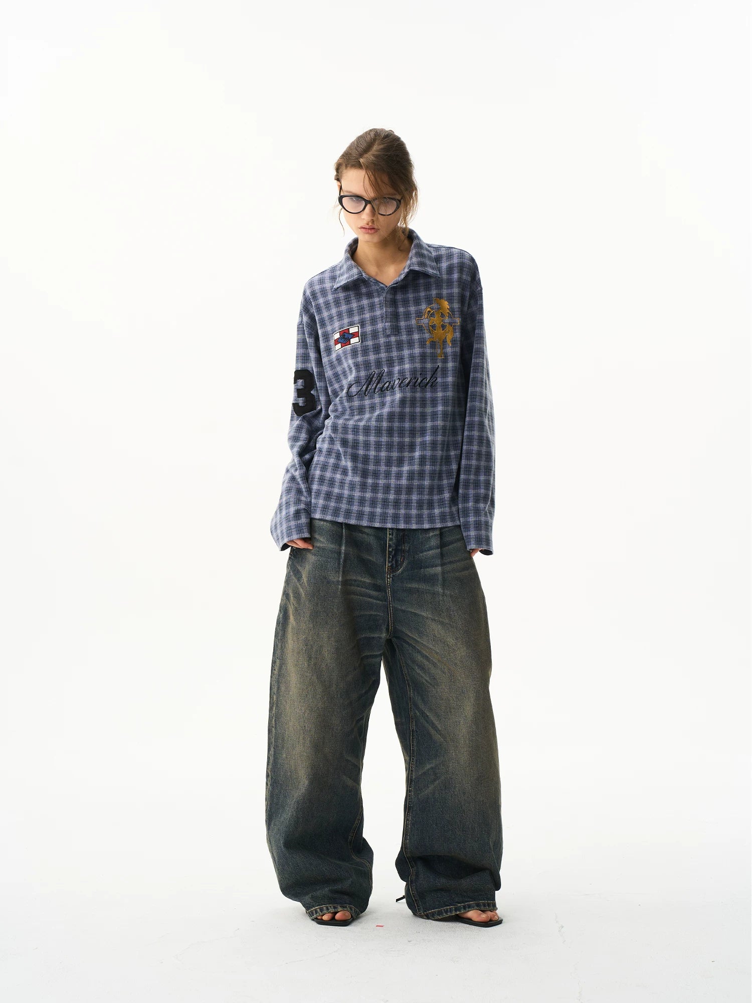 Vintage Plaid Badge Long Sleeve Polo Tee