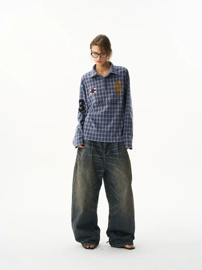 Vintage Plaid Badge Long Sleeve Polo Tee