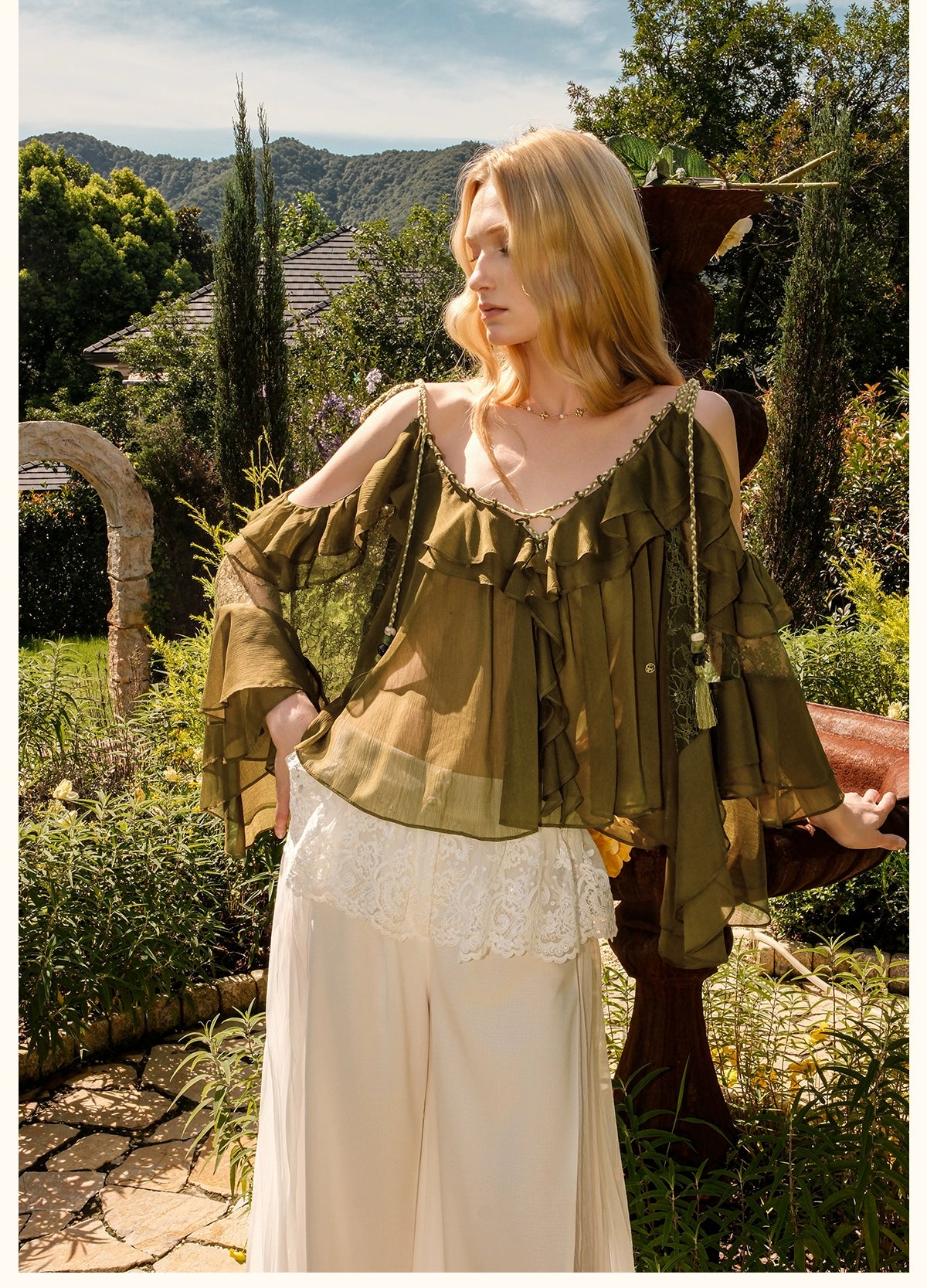 Flowy Chiffon Ruffle Rope Blouse