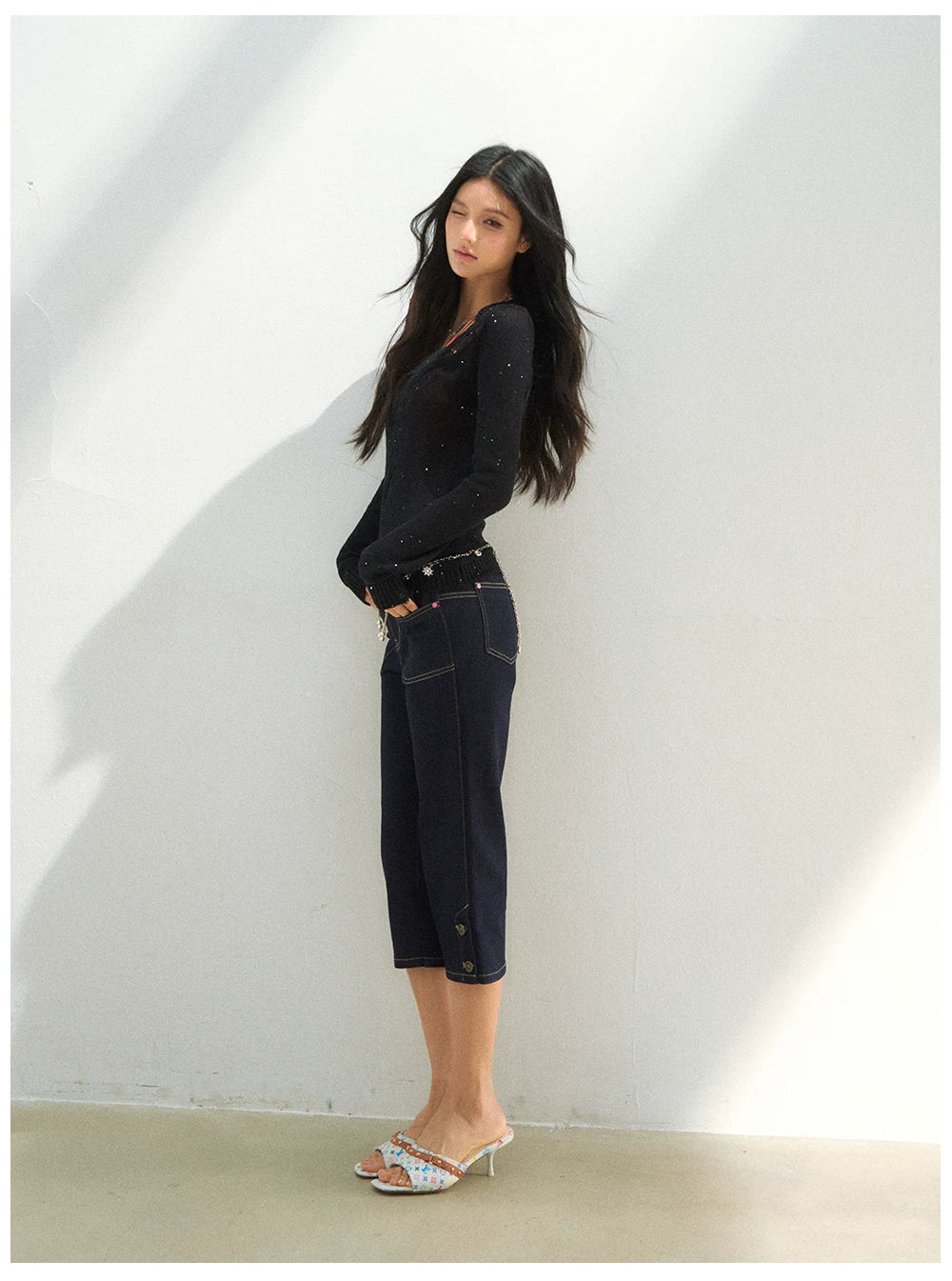 Distressed Openwork V-Neck Knit Top