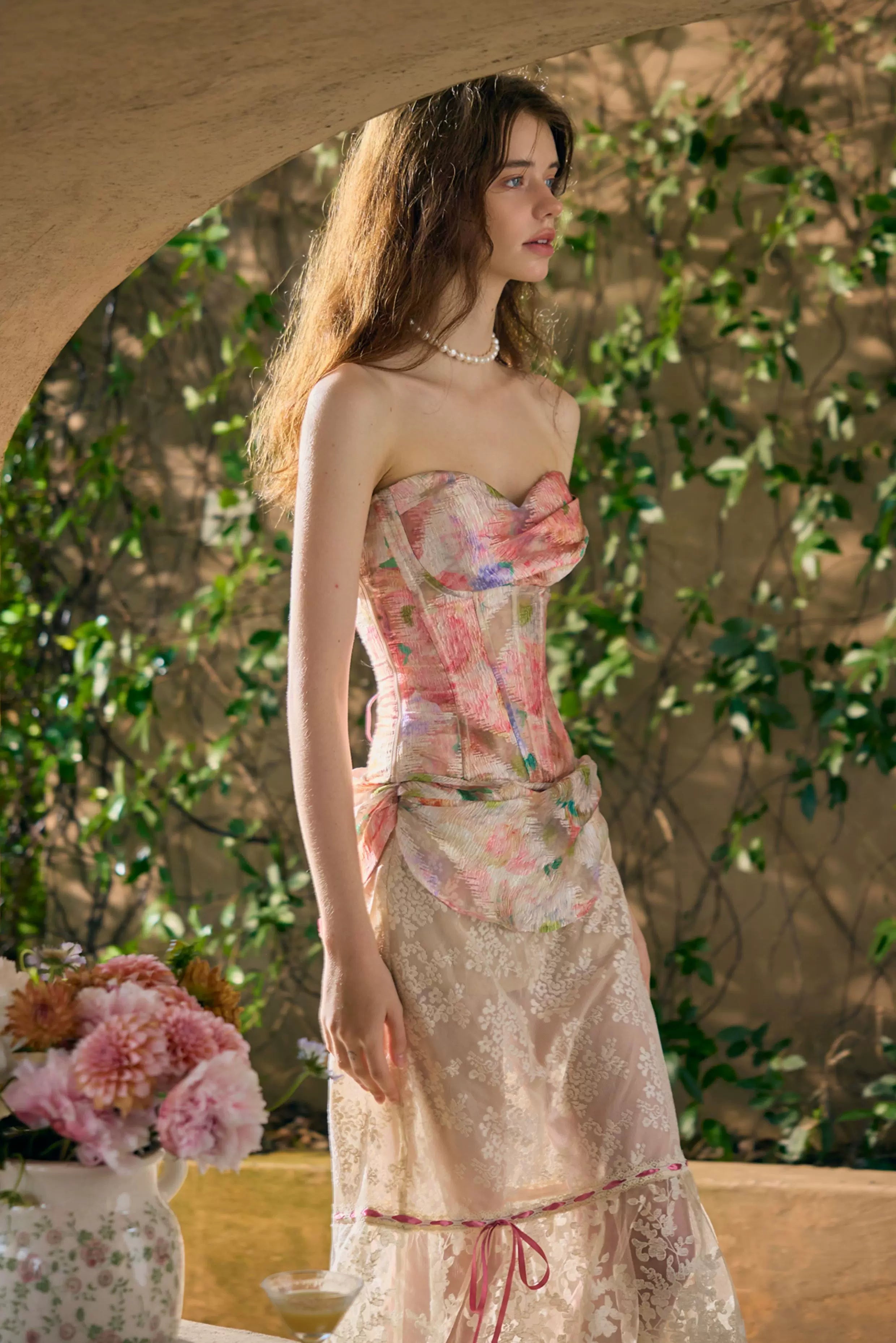 Romantic Oil-Paint Lace Corset Top &amp; Skirt Set