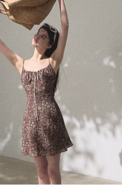 Bohemian Floral Print Waist-Cinched Sleeveless Slip Dress
