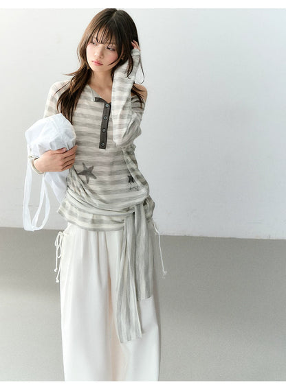 Star Print Off-Shoulder Striped Relaxed Knit Blouse