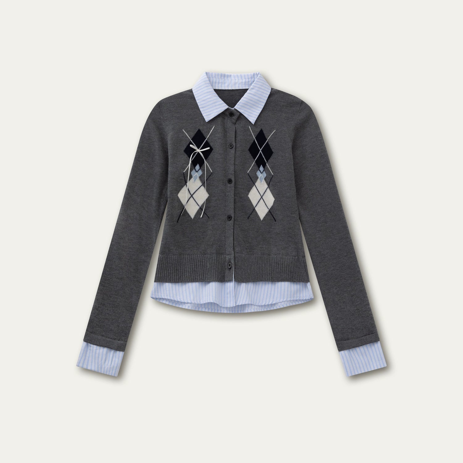 Layered Argyle Shirt Collar Knit Cardigan