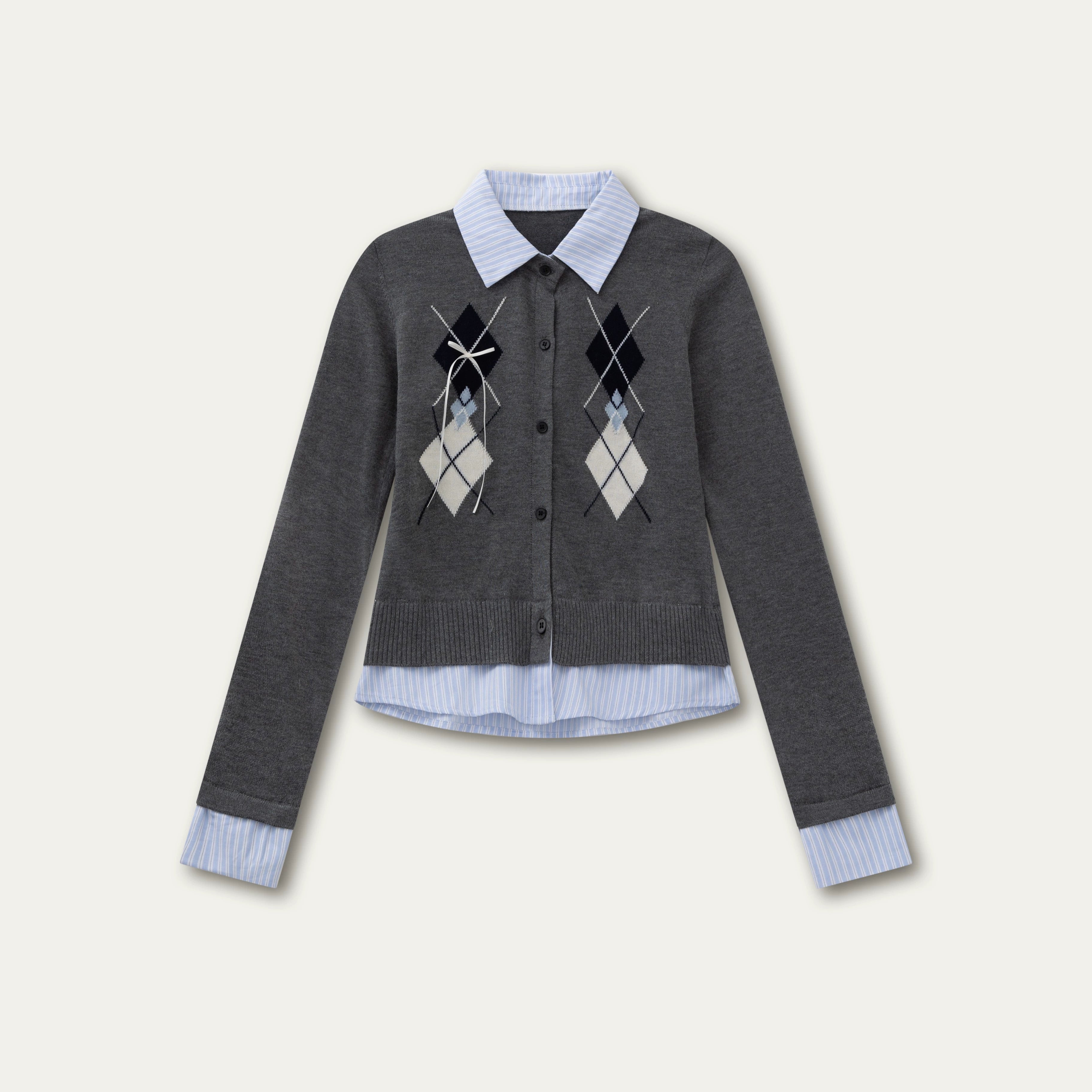 Layered Argyle Shirt Collar Knit Cardigan