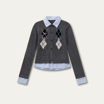 Layered Argyle Shirt Collar Knit Cardigan