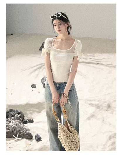 Square Neck Cut-Out Slim Fit Knit Top