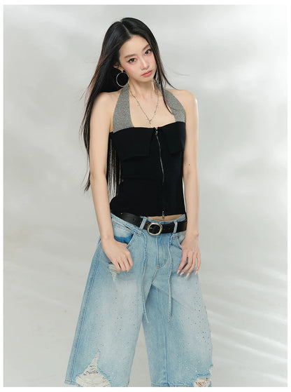 Contrast Halter Zip-Up Knit Tank Top