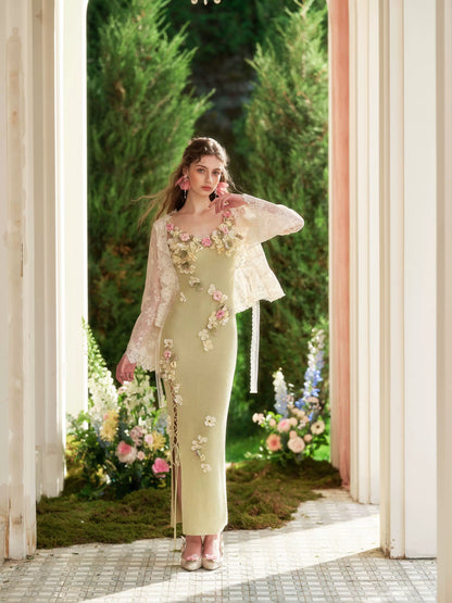 French Couture Floral Knit Split Slip Dress