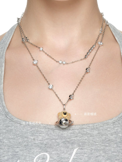 Flocked Bear Double Layer Necklace