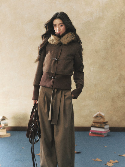 Fur Collar Faux-Layered Wool-Blend Jacket