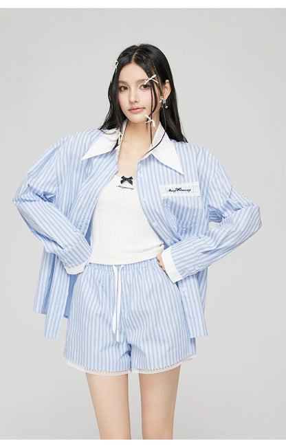 Blue Striped Shirt &amp; Shorts Set - CHINASQUAD