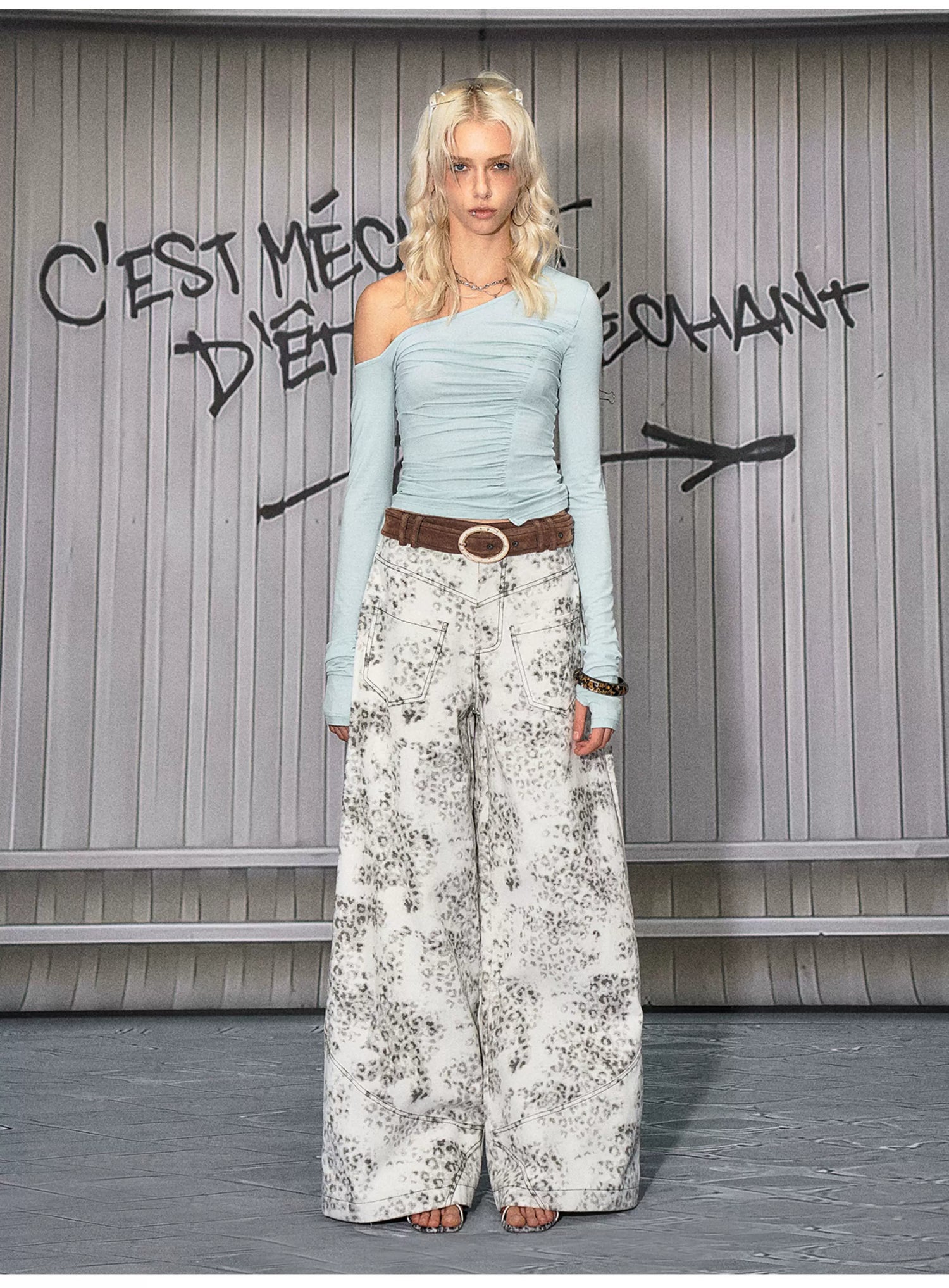 Vintage Leopard-Print Cotton Wide-Leg Jeans