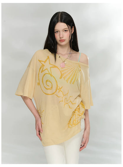 Ocean Print Asymmetric Oversized Modal T-Shirt