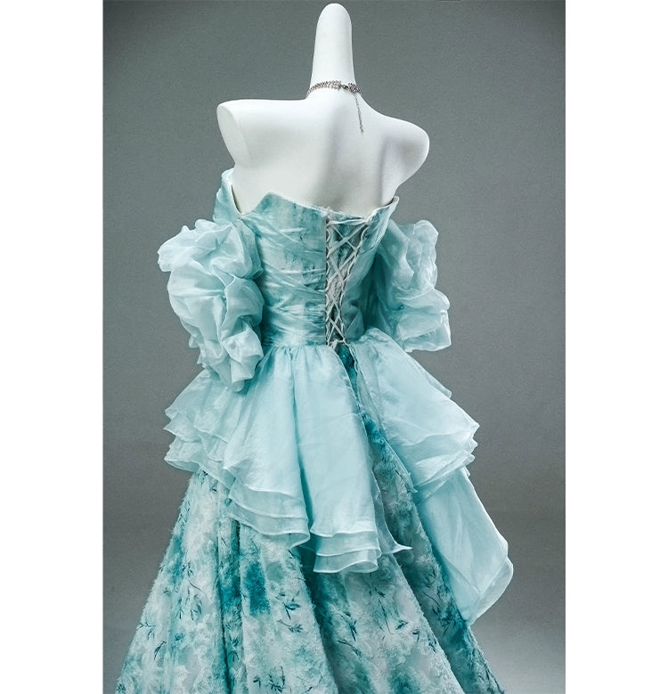 GULI Aqua Floral Tulle Gown with Ruffled Sleeves