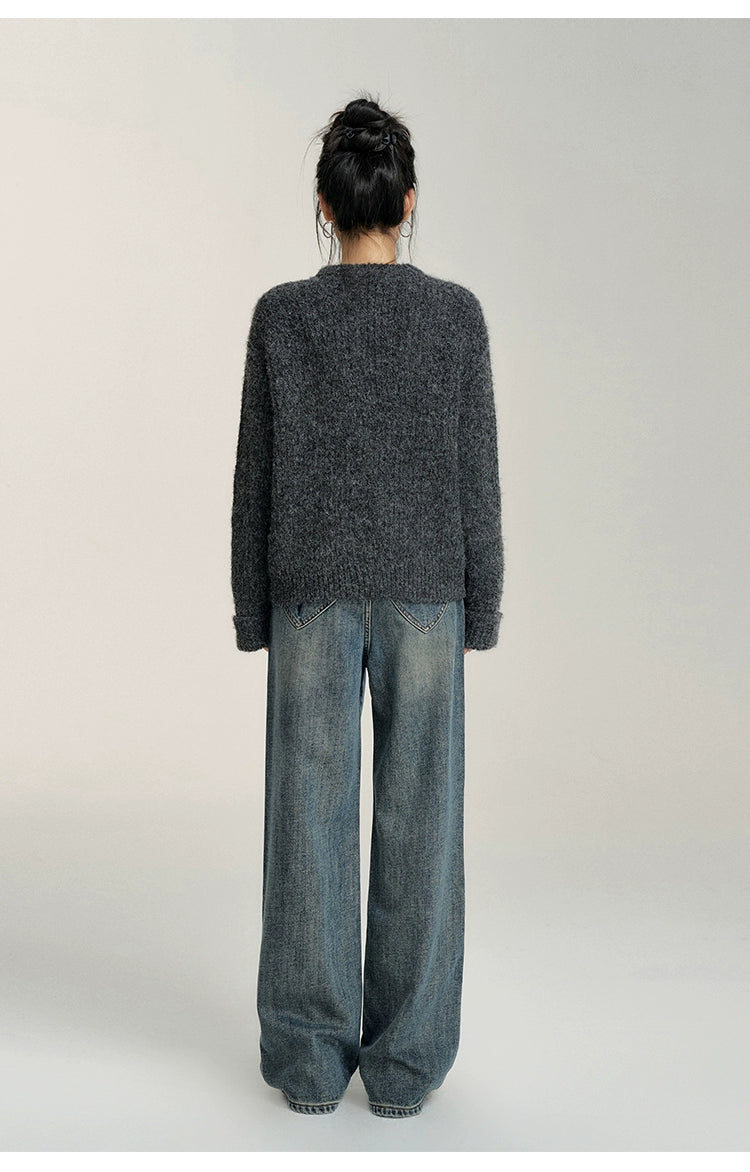 Heart-Patterned Fleece-Lined Wide-Leg Denim Pants