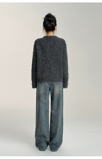 Heart-Patterned Fleece-Lined Wide-Leg Denim Pants