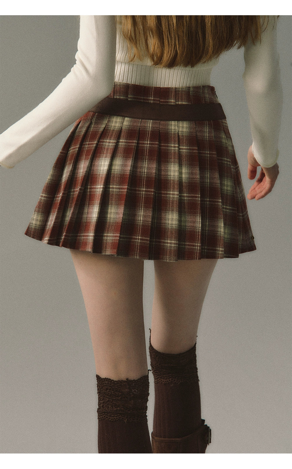 Red &amp; Coffee Plaid Pleated Mini Skirt - CHINASQUAD