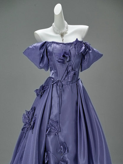Elegant Purple Satin Floral Couture Gown