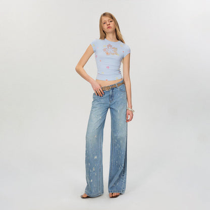 Rhinestone Floral Print Slim Fit Cropped T-Shirt