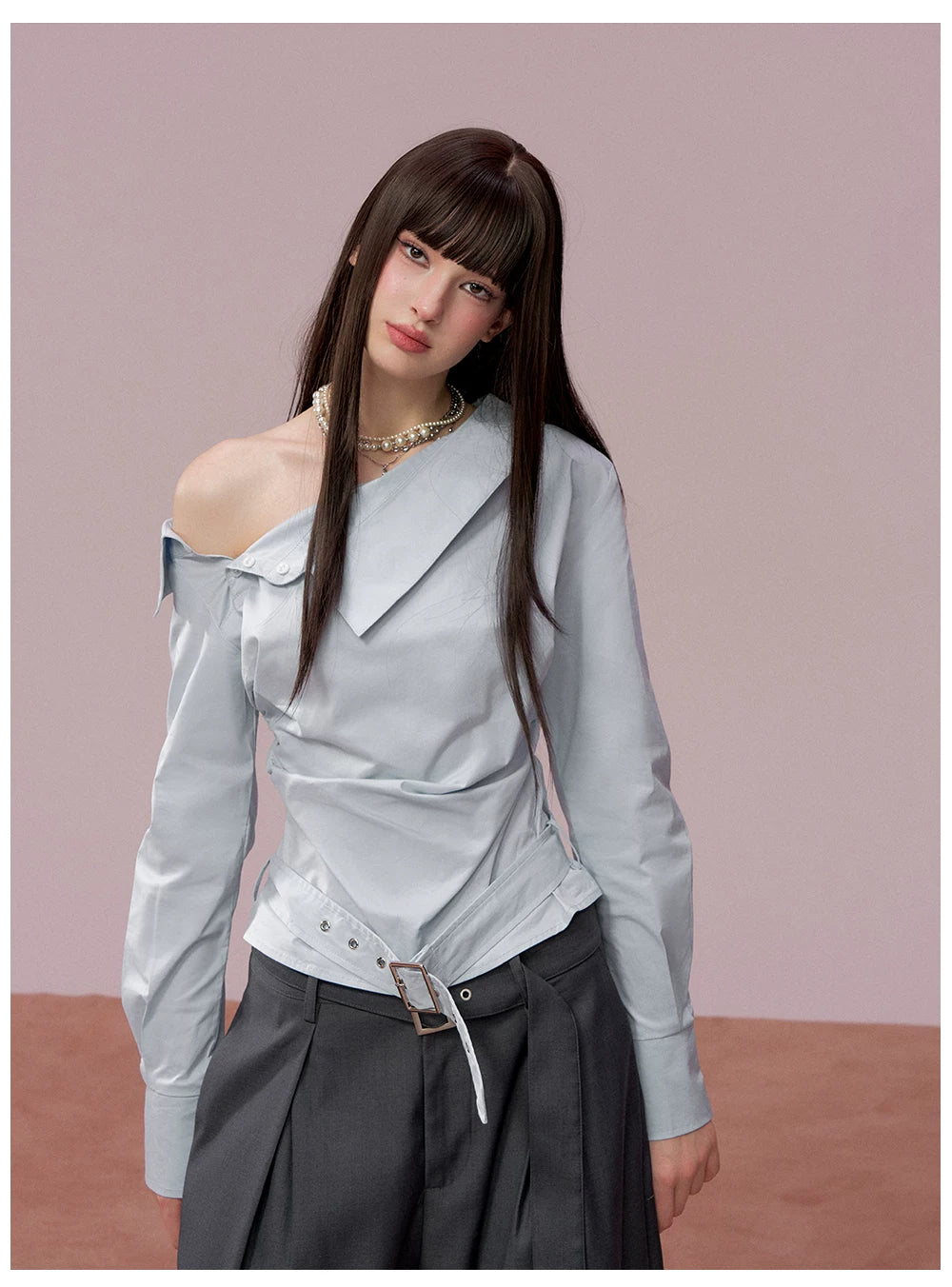 Ruched Belted Cropped Cotton Shirt